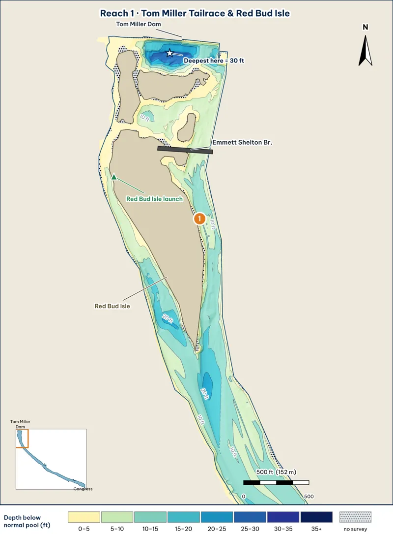 Reach 1 depth map: Tom Miller Dam tailrace and Red Bud Isle