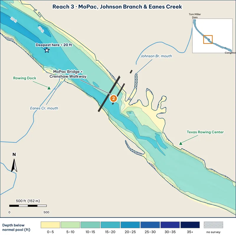 Reach 3 depth map: MoPac bridges, Johnson Branch and Eanes Creek mouths