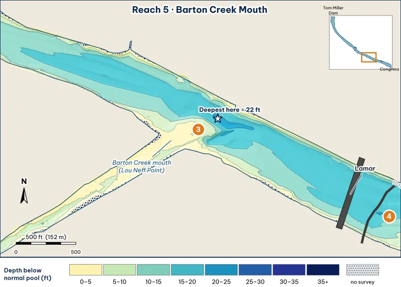 Reach 5 depth map: Barton Creek mouth with the Barton flat and north-side channel