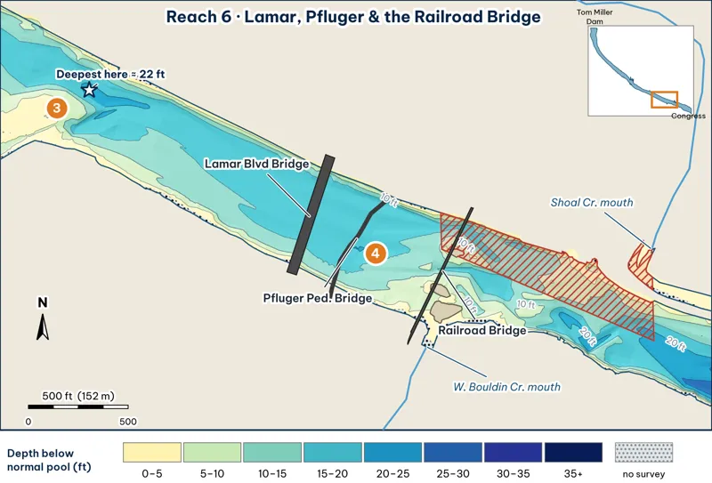 Reach 6 depth map: Lamar, Pfluger and railroad bridges with no-boat zone