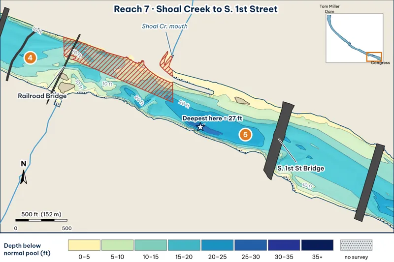 Reach 7 depth map: Shoal Creek delta and the deep south-bank trough to South First Street