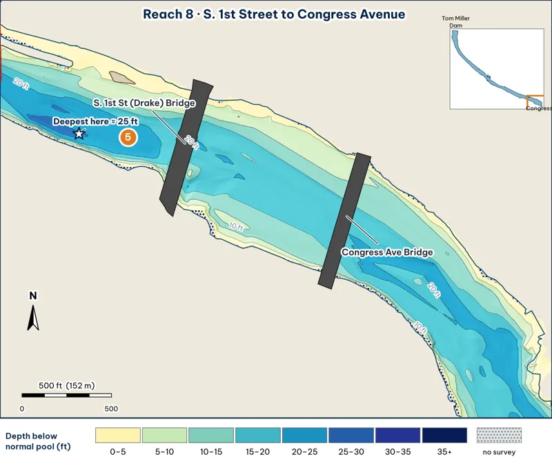 Reach 8 depth map: South First Street to Congress Avenue bridges