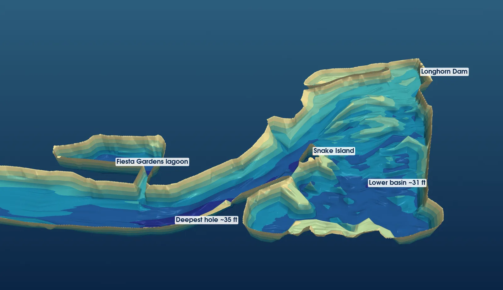 3-D view of the Holly bend and lower basin of Lady Bird Lake