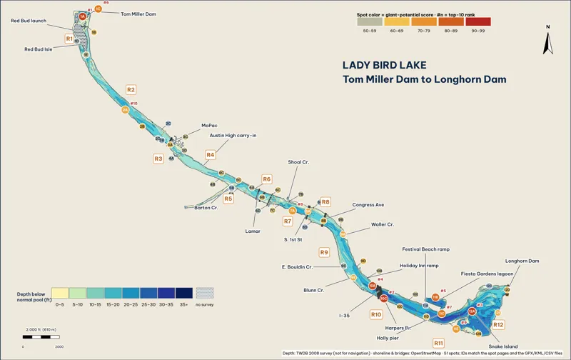 Fold-out map of Lady Bird Lake, Tom Miller Dam to Longhorn Dam