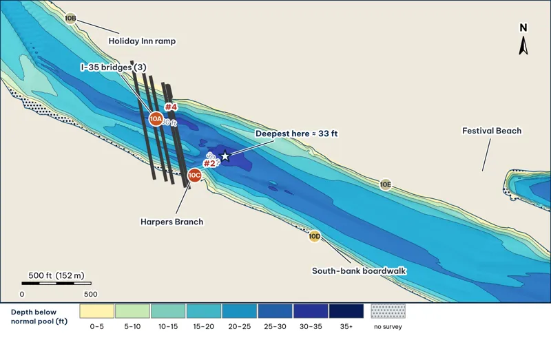 Reach 10 depth map: Blunn Creek to Festival Beach, with I-35
