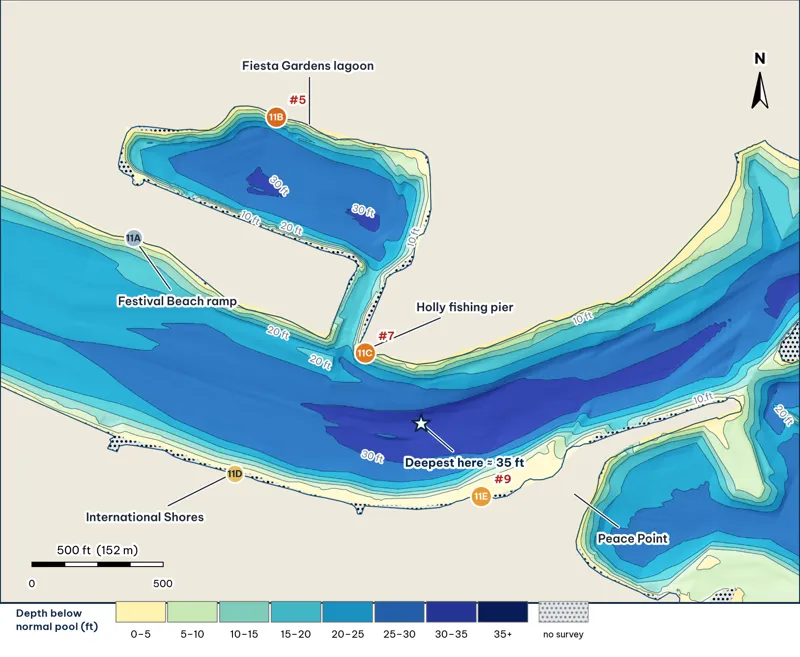 Reach 11 depth map: Festival Beach, the Fiesta Gardens lagoon and the Holly bend