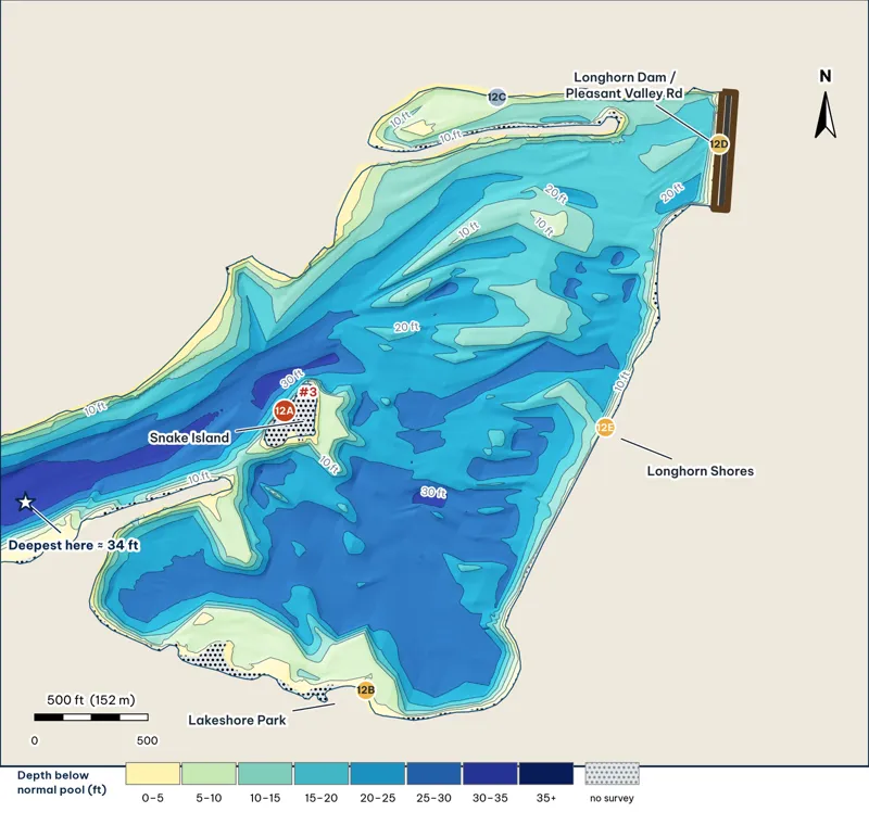 Reach 12 depth map: lower basin, Snake Island and Longhorn Dam