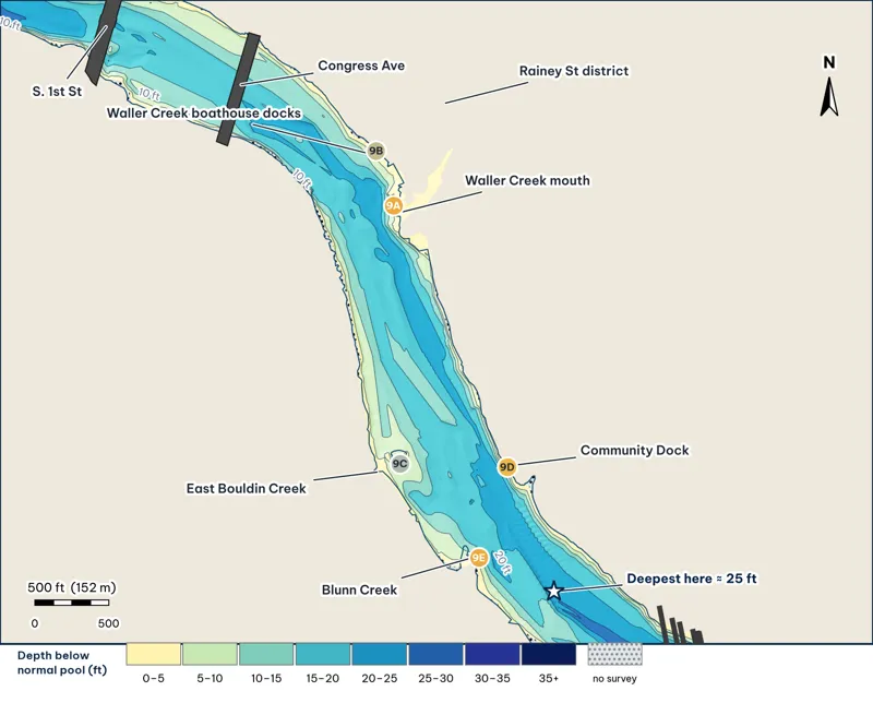 Reach 9 depth map: Congress Avenue to Blunn Creek
